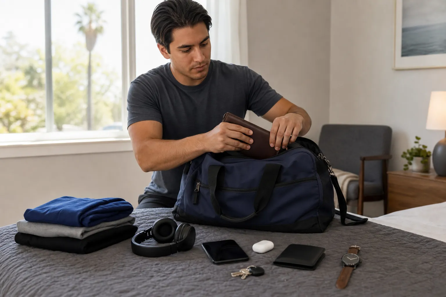 Choosing personal items to pack or store securely Man packing a wallet into a duffel bag beside folded clothes, headphones, phone, keys, watch, and small case.