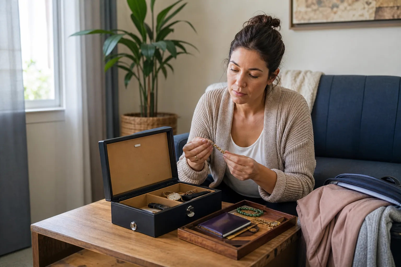 Planning valuables storage before residential rehab admission Woman sorts jewelry beside an open valuables box, wallet, and packed clothing before residential rehab admission.