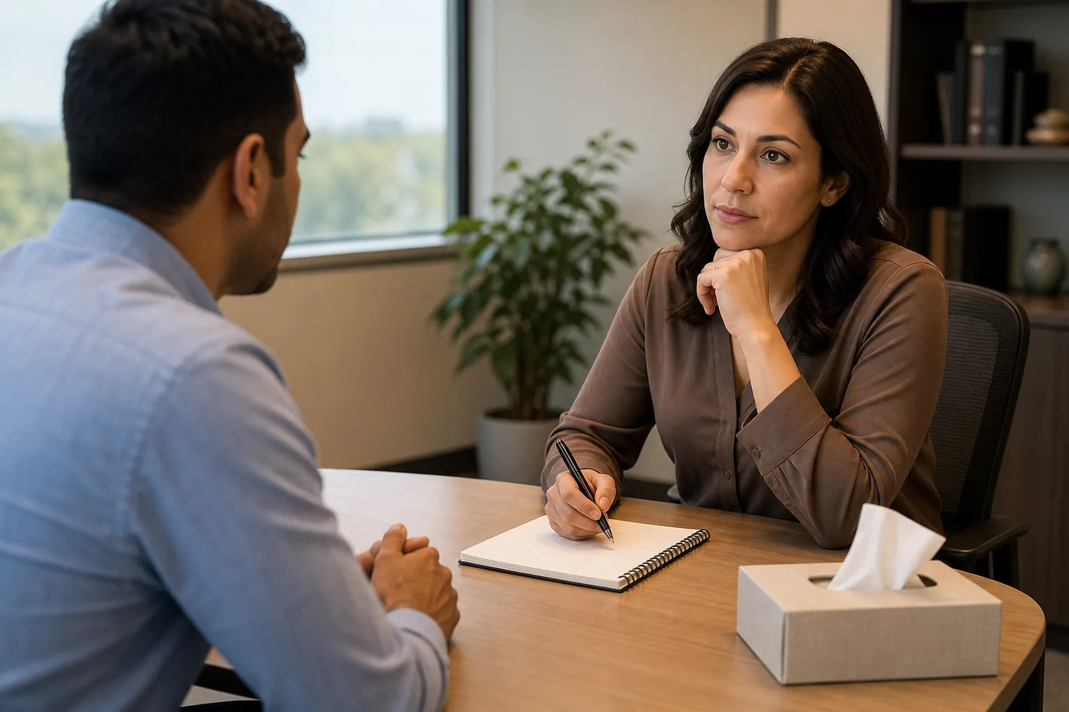 Discussing Leave and Benefits in a Private Office A woman takes notes while speaking with a man across a desk in a private office with a tissue box nearby.