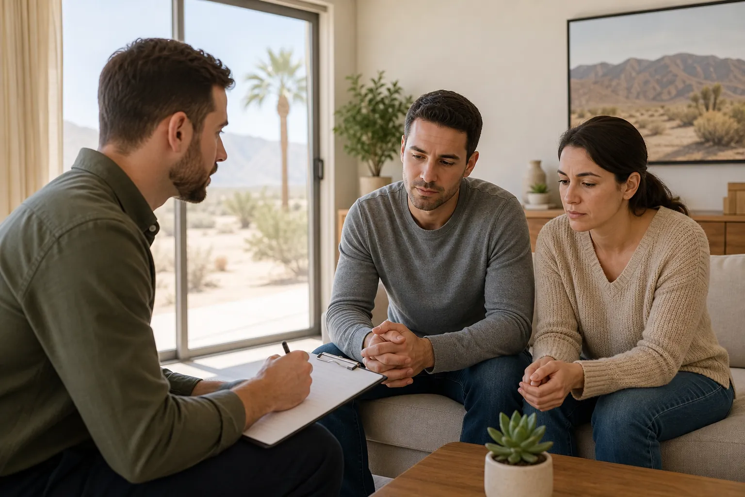 A man holding a clipboard meets with a seated couple in a bright room overlooking desert landscaping and a palm tree.