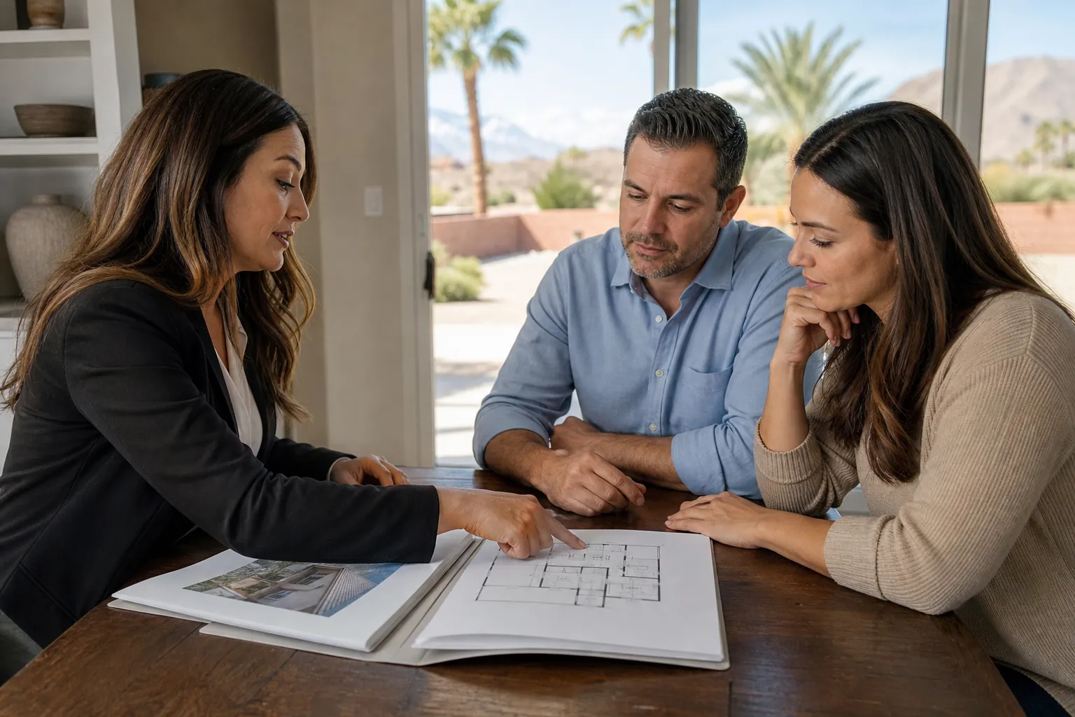 Three adults review a floor plan in an open binder at a wooden table, with palm trees and desert mountains outside.