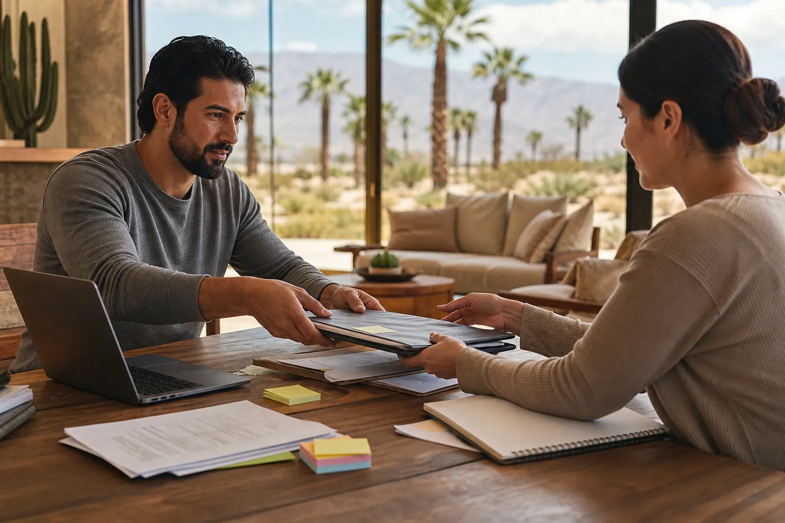A man passes folders to a woman across a wooden table with a laptop, papers and sticky notes, with desert palms outside.